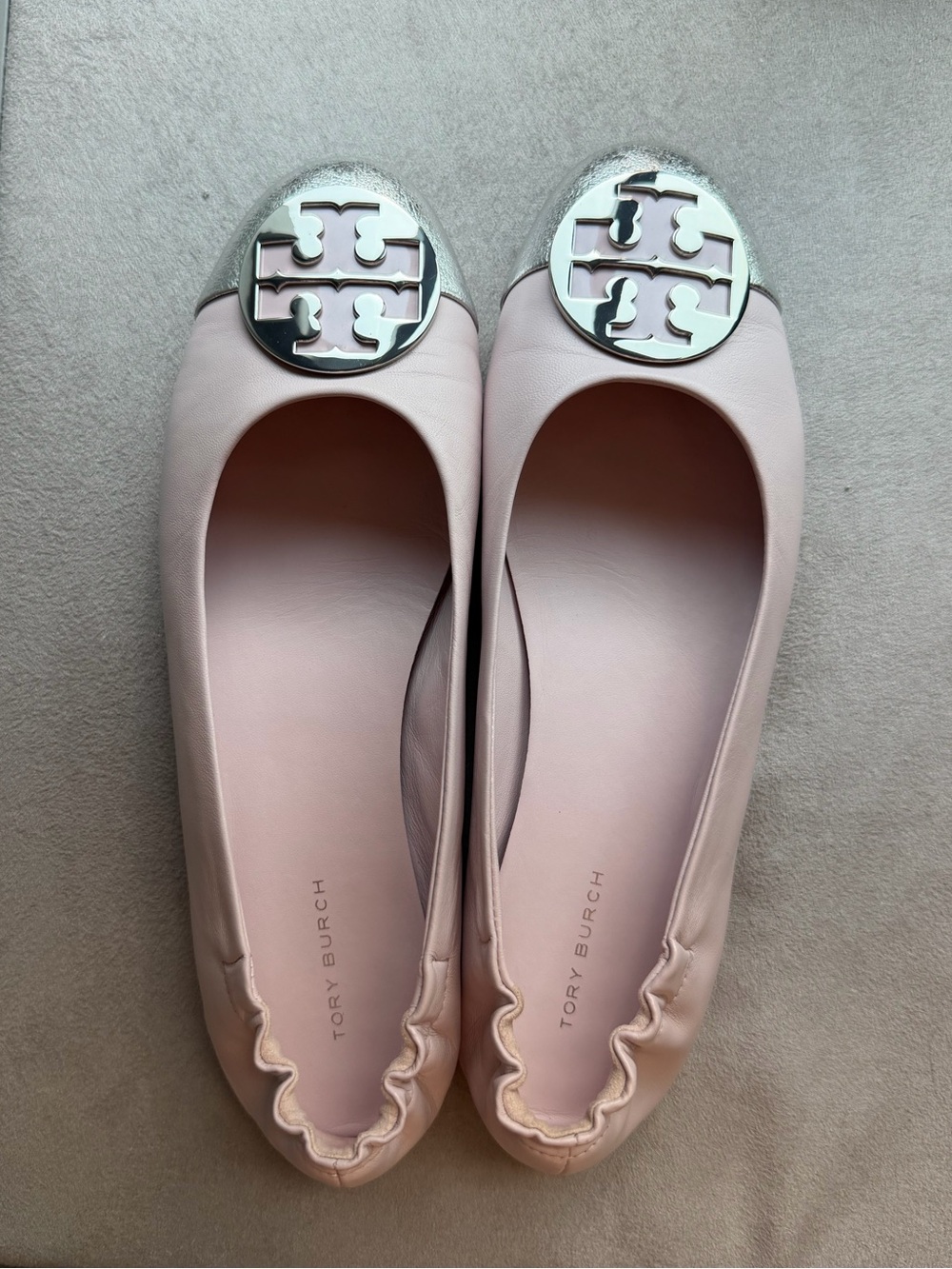 Tory Burch Pale Pink Leather Logo Cap-Toe Ballet Flats